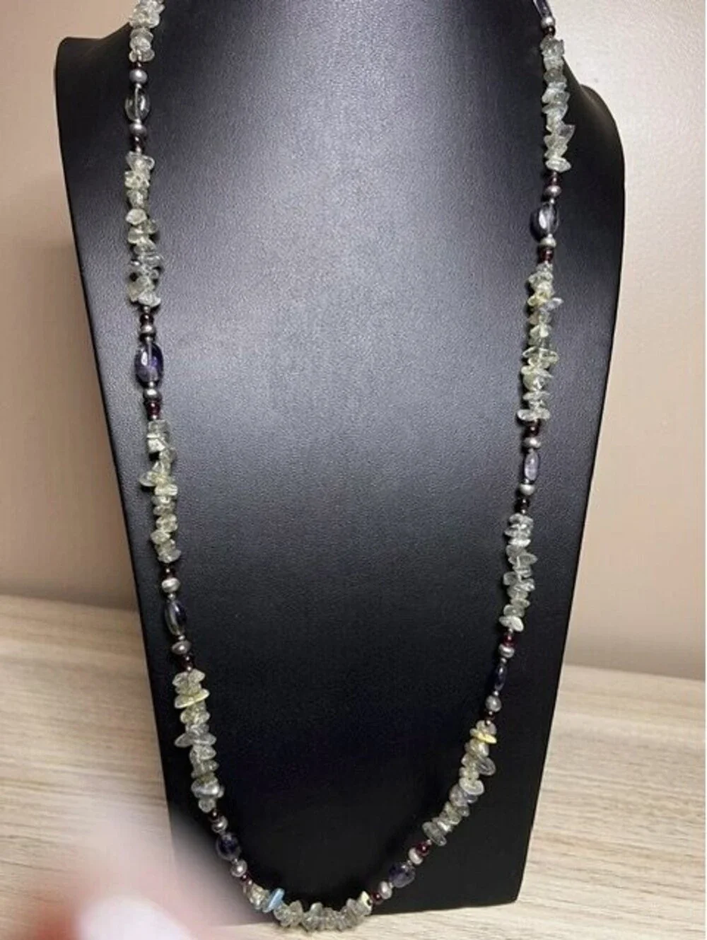 B6601 Long Bead  Necklace Sterling silver  Gemstone Labradorite Pearl Garnet 32